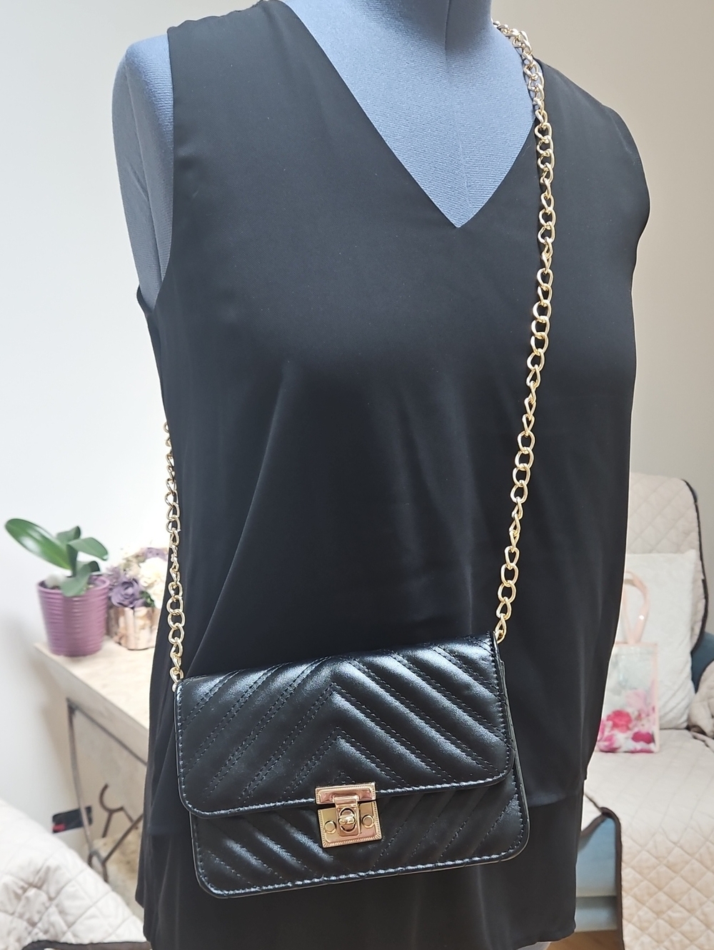Black Quilted Crossbody Bag with Gold Chain